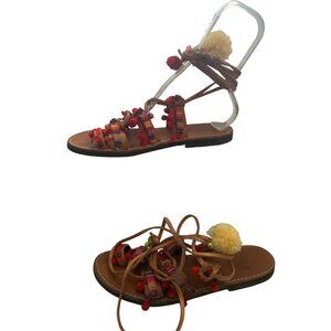 Kouros Handmade Greek Leather Sandals With Colorful Pom-Poms & Ankle Wrap Straps